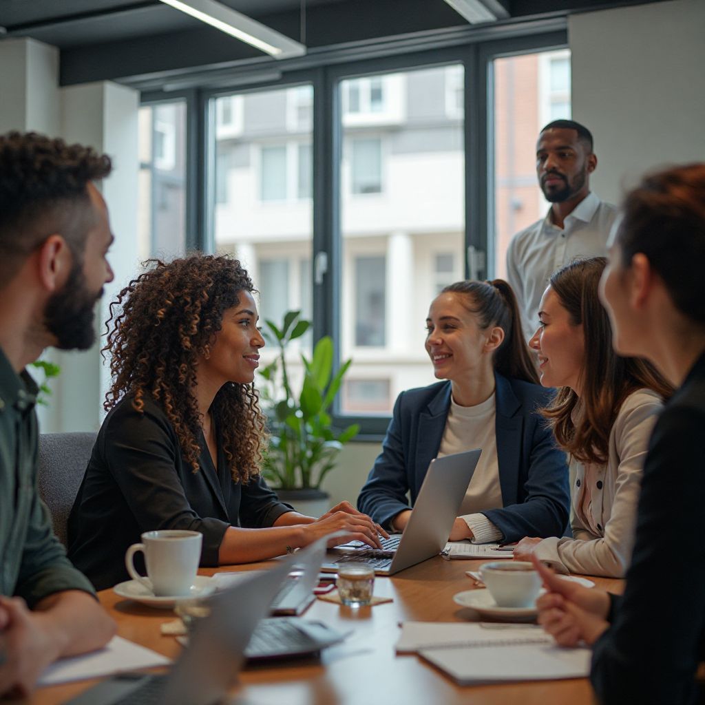 Team meeting discussing game values and mission